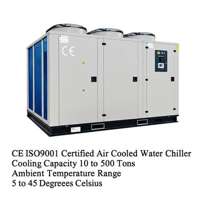 CE ISO9001 Certifié refroidisseur d'eau refroidi par air Capacité de refroidissement de 10 à 500 tonnes Plage de température ambiante de 5 à 45 degrés Celsius